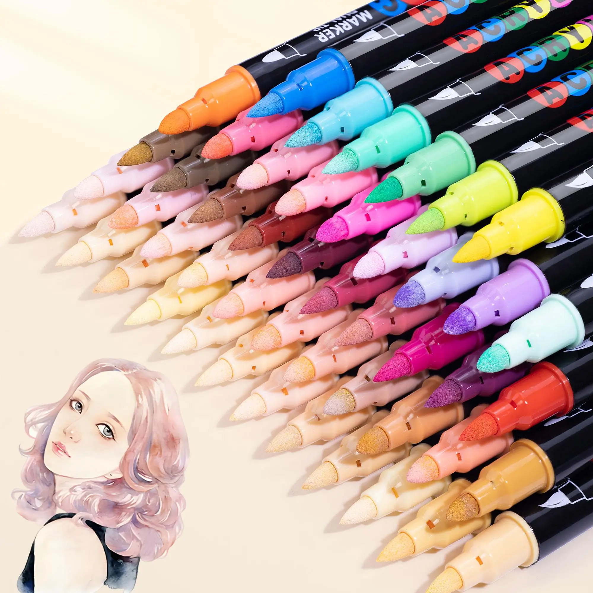 24/48 Colors Skin Tone Markers Pens, 1 Set Brush & Fillister Head Dual Tip Markers, Waterproof Pen Soft Brush Nib Skin Color Markers for Figure Painting