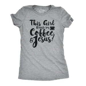 Womens This Girl Runs Off Coffee and Jesus T Shirt Funny Faith Church Cool Tee Funny Womens T Shirts Cute Vintage Fashion Casual Ladies T-Shirt Gift Easter Tops for Women Funny Coffee Top Women's Novelty Tees Light Grey