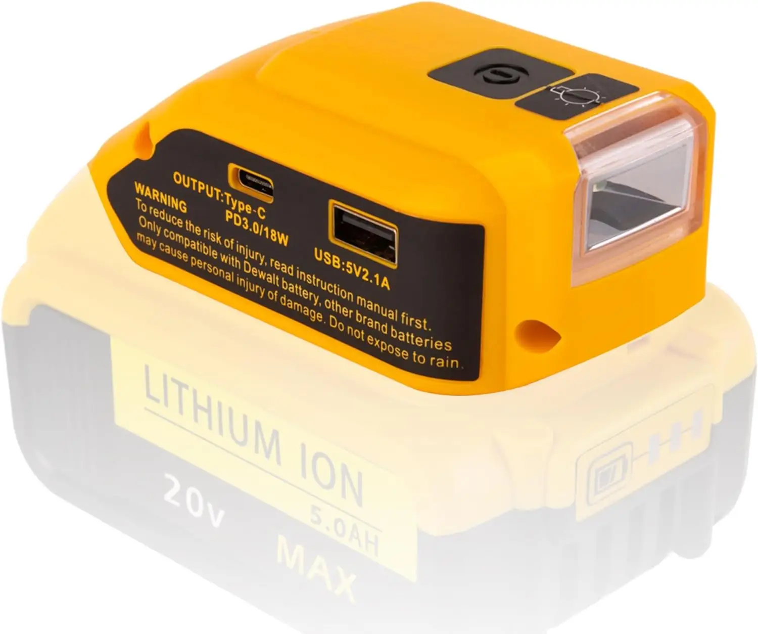 For Dewalt 14.4V/18V/20V Battery-Powered USB/Type-C Charger with 200-Lumen LED - Bare Tool