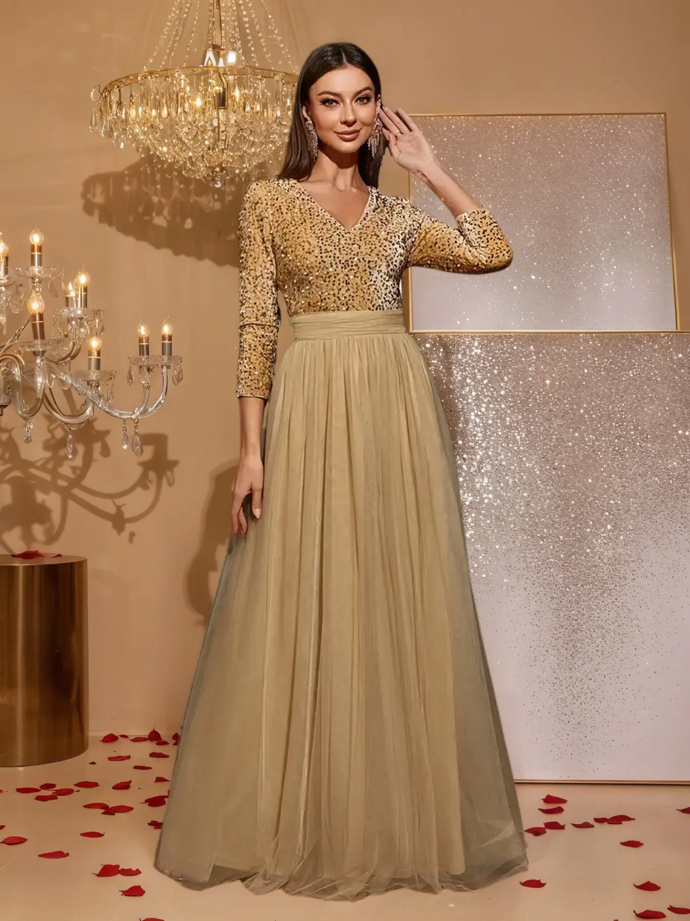 Elegant Long Sleeve Sequined Mesh Patchwork Fabric Dress, Fashionable Women's Formal Party Gown, Perfect for Hostess, Bridesmaid, Ballroom Night, Formal Wear, Evening Dresses