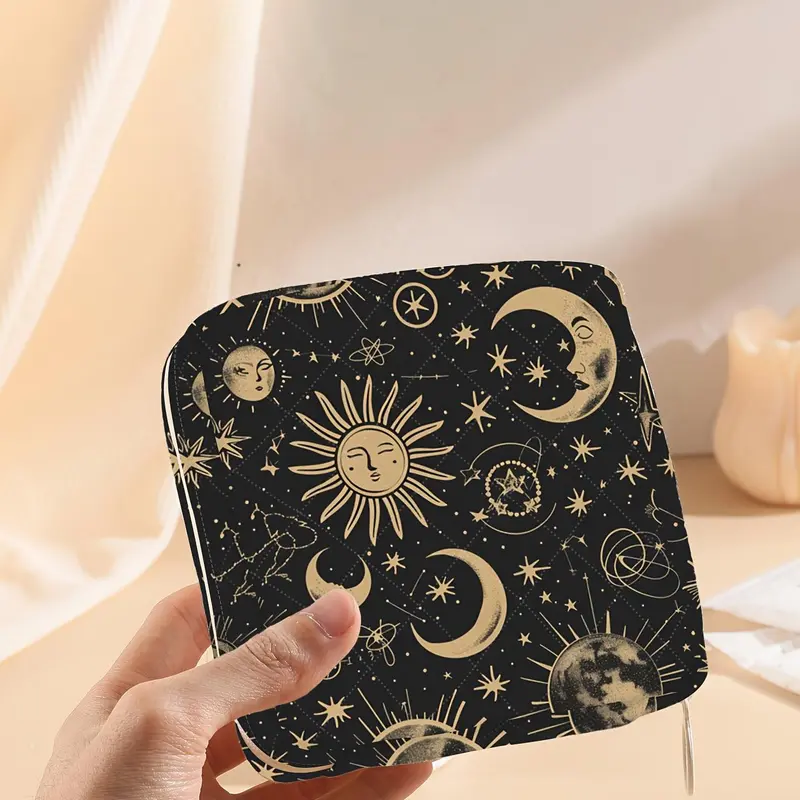 Moon & Star Pattern Portable Sanitary Napkin Storage Bag, Lightweight Tissue Bag for Women's Products, Travel Cosmetics Storage Bag, Travel Organizer Bag, Travel Organization Pouch, Zippered Storage, Zipper Pouches