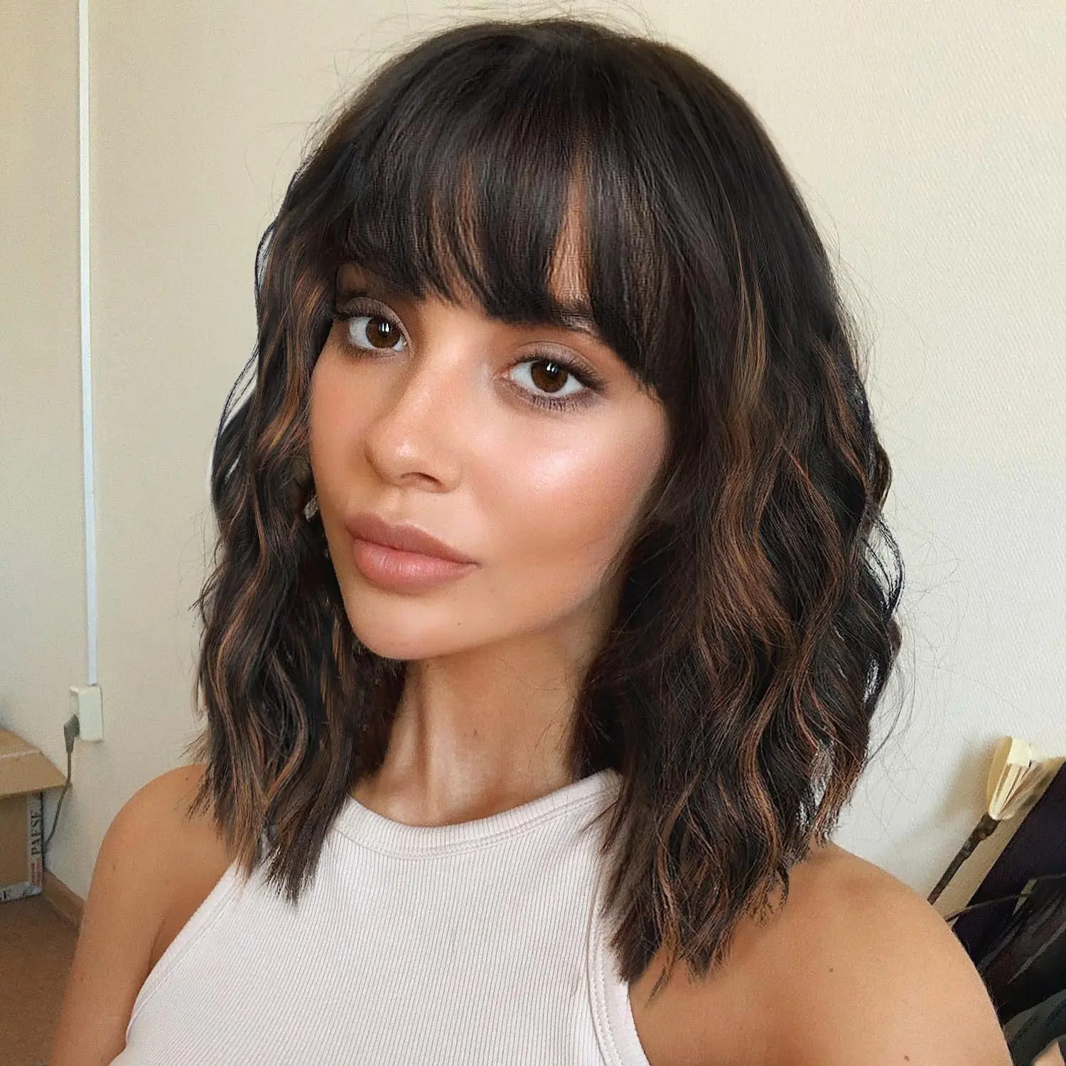Black mix Brown Curly Bob Wig with Bangs Short Wavy Color Wigs for Women Bob Style Synthetic Heat Resistant Bob Wigs Curly Brown