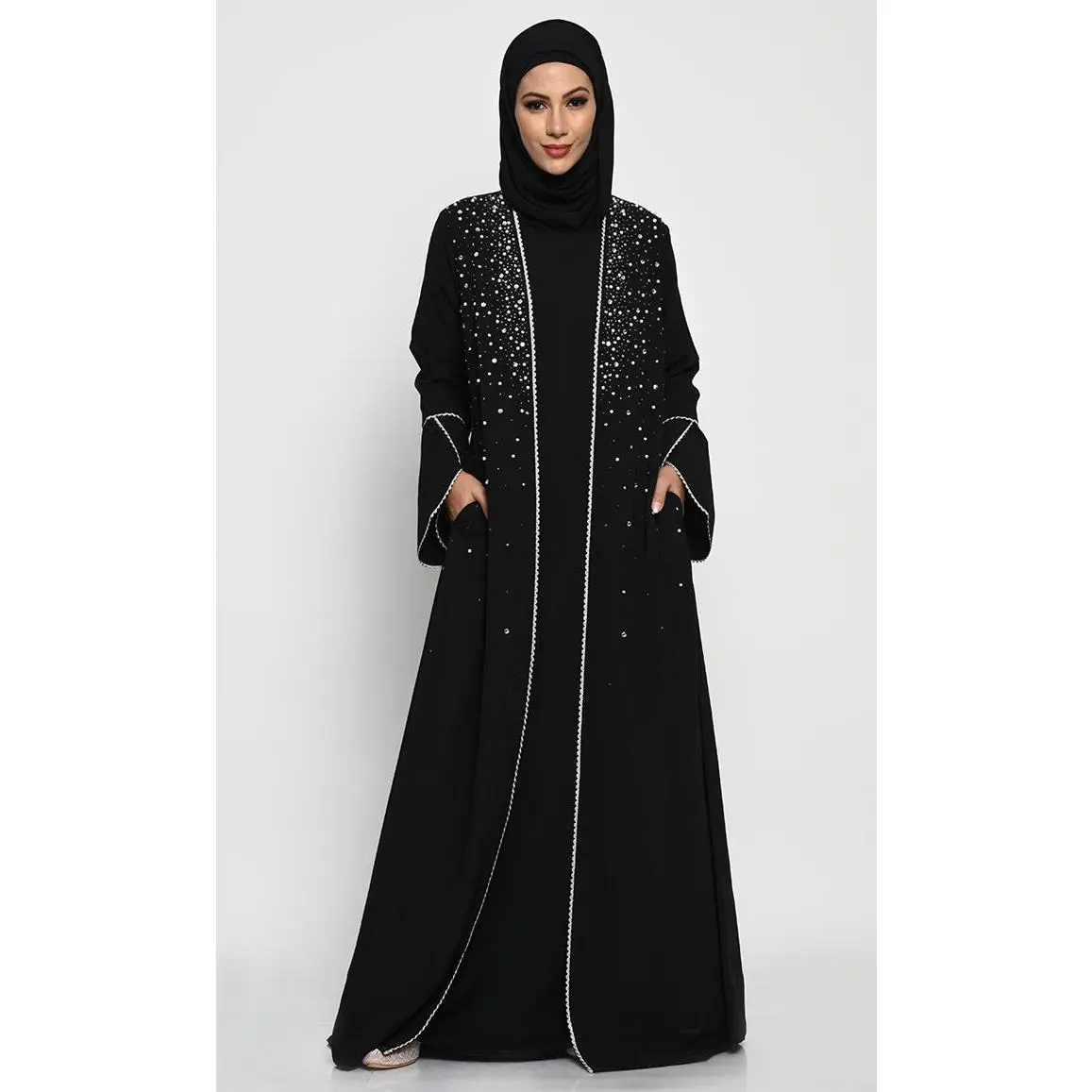 Elegant Nida Layered Abaya with Pearl, Stone and embroidery