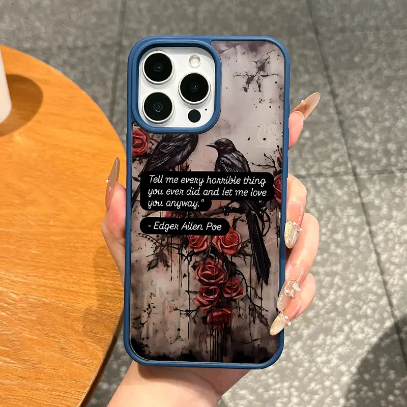 Magnetic attraction Trendy Dark Academia Literature Phone Case for iPhone 11 12 13 14 15 16 Pro 17AIR 18Promax Samsung S21 S22 S23 S24 S25Plus S26 Ultra Gothic Crow Rose Poe Text Print Ink Drip Vintage Emo Aesthetic Shockproof Ladies Mobile Shell