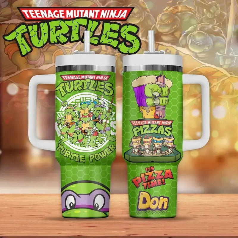 TMNT Teenage Mutant Ninja Turtles 40oz Tumbler with Handle - Retro Cartoon Graphic Travel Mug - It's Pizza Time Turtle Power Design - Double Wall Insulated Stainless Steel Cup with Straw - Gift for 90s Kids & Fans - 40 oz