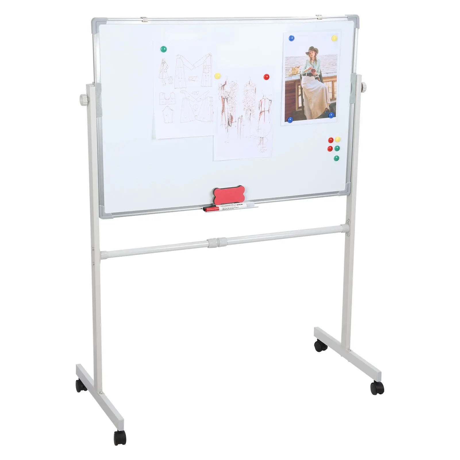 36"x24" Heavy-Duty Magnetic Dry-Erase Board with Steel Frame, Rolling Base, Detachable Pen Tray - Portable Unisex Collaborative Board with Adjustable Stand for Teachers, Kids (Home, School Use)
