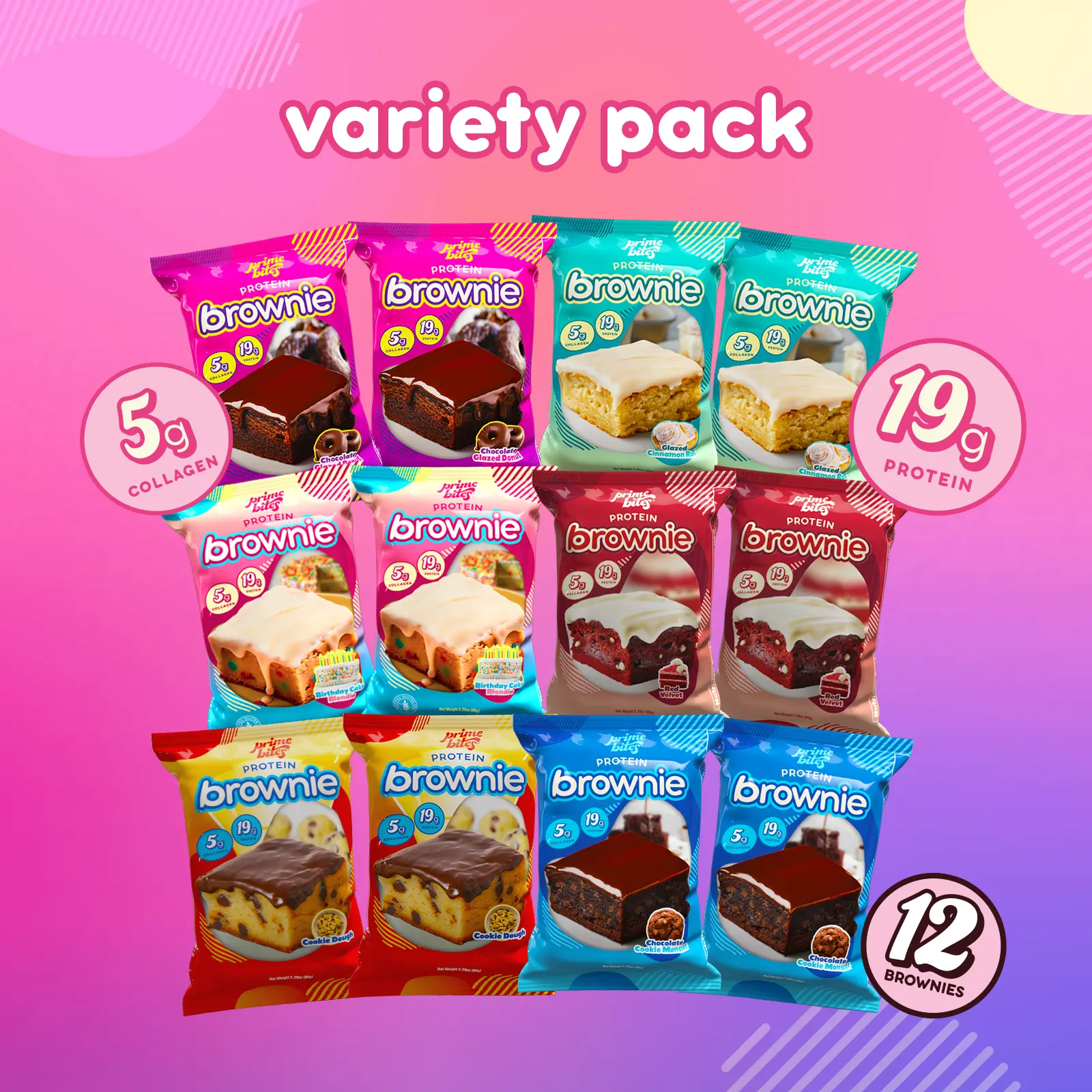 Prime Bites Protein Brownie Variety Pack - 19g Protein and 5g Collagen High Protein Snack, Healthy Dessert, Protein Treats