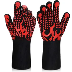 BBQ Gloves, 1472 Degree F Heat Resistant Grilling Gloves Silicone Non-Slip Oven Gloves Long Kitchen Gloves for Barbecue, Cooking, Baking, Cutting