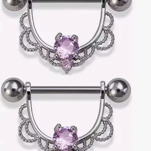 Bohemian Beaded Nipple Piercing with Purple Gemstone and Chain Design for Stylish Jewelry Wear
