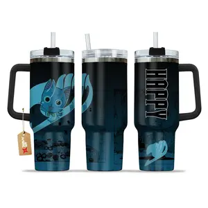 STORMMECH- Happy 40oz Insulated mug, Fairy Tail insulated tumbler,  cartoon design, thermal mug, double wall vacuum stainless steel, straw lid with handle leak proof, keeps hot 12 hours cold 24 hours, valentine birthday gift