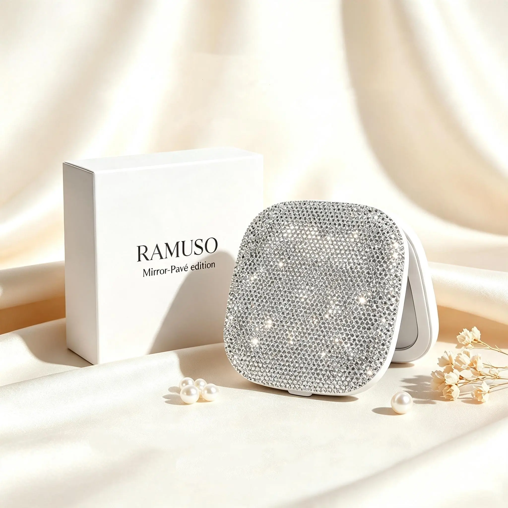 RAMUSO Hand-Set Luxury Rhinestone Pavé LED Compact Mirror - 5x Magnifying, Palm-Size Adjustable Rechargeable Illuminated Intelligent Portable Vanity Handheld with LED Lights, Mother's Day Gift Box