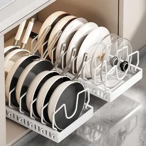 Under Cabinet Pots and Pans Organizer, Pot Lid Holders for Inside Kitchen Cabinet, Horizontal and Vertical Pulling Modes, Cast Iron Storage, White Vertical Pull-out