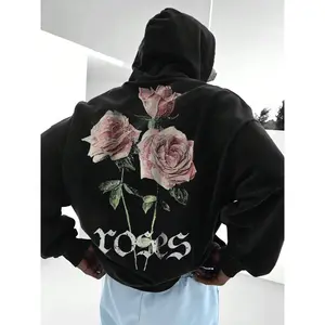 Men's Vintage Rose Graphic Hoodie, Trendy Streetwear for Fall & Winter, Youthful Style for Students