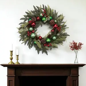 360 stand 29 in. Traditional Circle Artificial Pine Wreath with Pine Accents, Pinecones, Red & Green & Brown Ornaments - Christmas Home Decoration