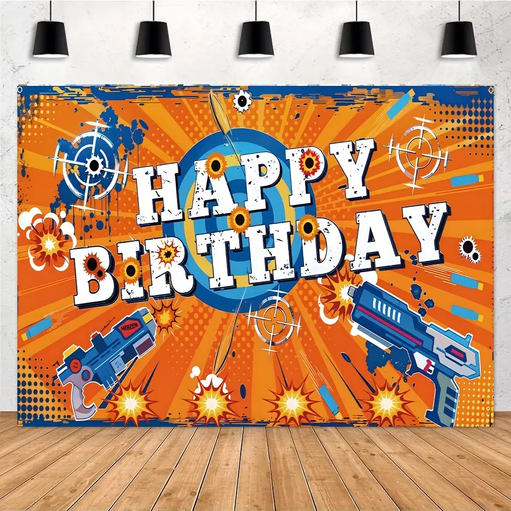 Gun Theme Prints Happy Birthday Soft Fabric Vinyl Backdrop - Glam Durable Textile Banner for Birthday Party Photography, Room Decoration