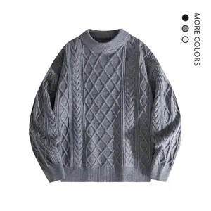 Men's Solid Textured Drop Shoulder Cable Knit Sweater Loose Fit Long Sleeve Round Neck Jumper for Fall Winter Casual Crew Neck Pullover - Crewneck