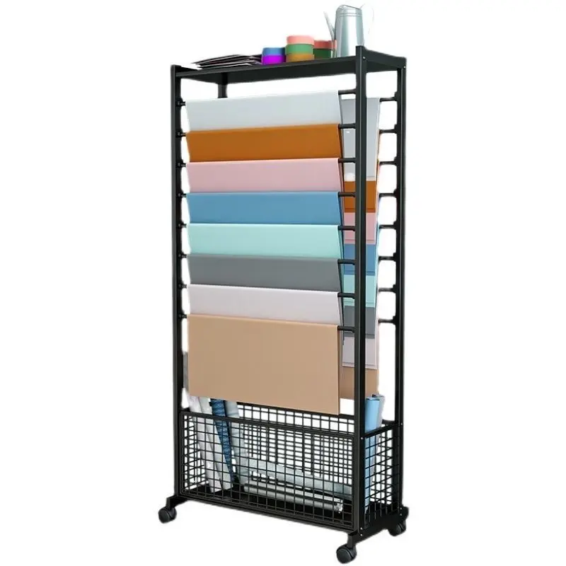 16-Tier Freestanding Rectangle Metal Adjustable Rack - Corrosion-Resistant Iron Ribbon Holder with 4 Lockable Universal Wheels, Basket, 50kg Load, Smooth Wipe-Clean Flower Wrapping Organizer for Flower Shops, Craft Rooms