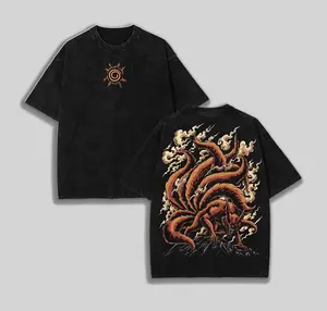 Vintage Washed Jinchuriki Kurama Nine Tailed Fox Naruto Shippuden Graphic Tshirt Unisex Oversized Lightweight Cotton Streetwear Double Sided Print Anime Manga Crewneck Short Sleeve Tee Top For Fans Daily Urban Wear