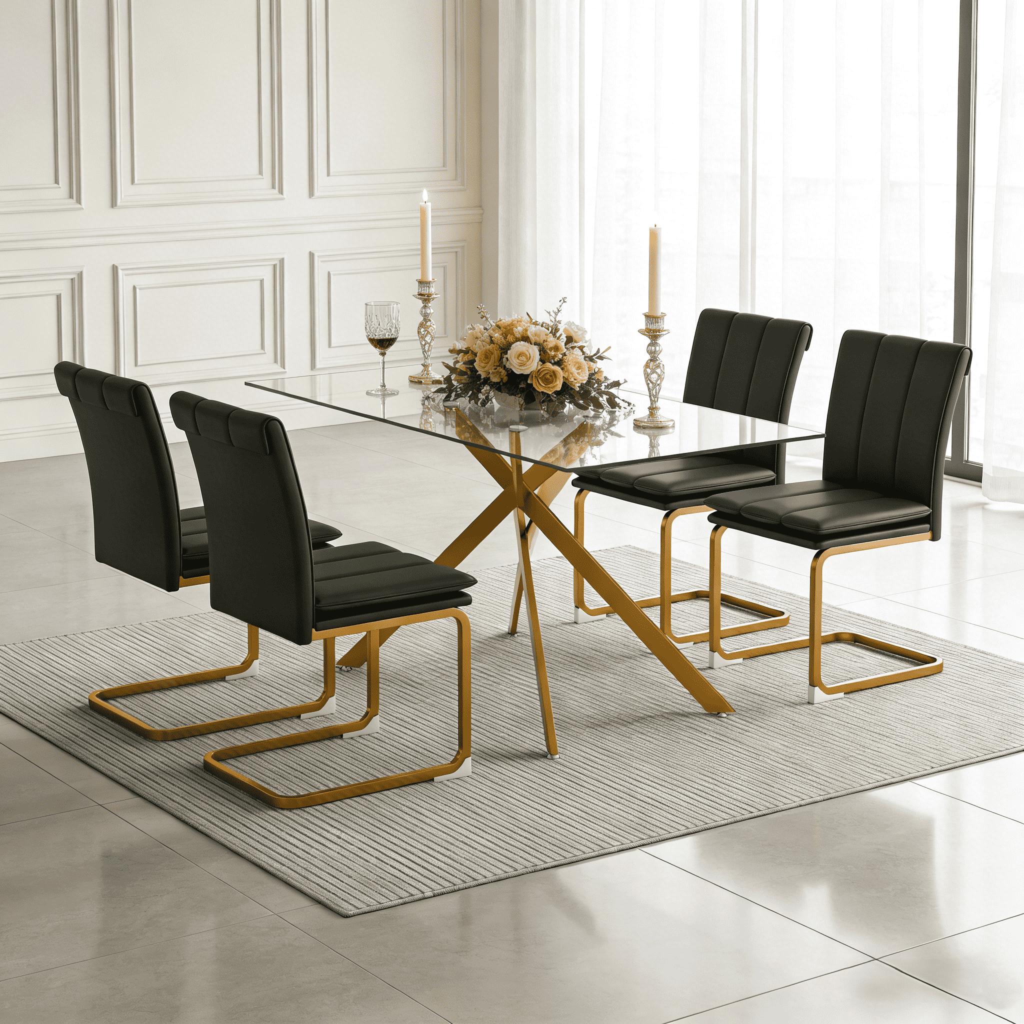 51.18 "Rectangular Glass Dining Table with Clear Tempered Glass, Golden Plated Tubular Metal Legs with Adjustable Leveling Feets, Kitchen Table for Dining Room,Dinner Table（ONLY TABLE）