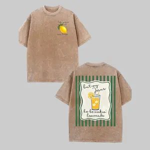 Multi-Color women Men'S 100% Y2K Vintage Washed Printed T-Shirt - Short Sleeve Lemon Lemonade Year-Round Wear, Street Style & Versatile