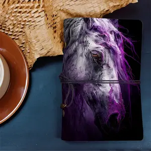 A6 Business Organizer Notebook Handmade PU Leather, Refillable Pages Work Meeting Notes & Office Planner  Charm with Pattern on the Cover  White horse with purple paint