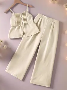 Girls Solid Color 2-Piece Set, Casual Outfit Set, Matching Outfit Set, Sleeveless Button Detail Ruffle Design Bow Accent Top with Elastic Waist Pants, Simple Comfort Style