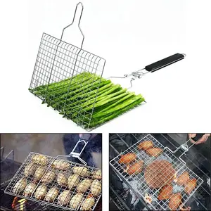 Stainless Steel Non-Stick BBQ Grilling Basket Tray (Style 1) - Portable, Foldable, Detachable Home & Festive Party Grilling Tool with Oil-Resistant Grill Mesh Mat for Charcoal, Wooden Barbecues (Meat, Vegetables)