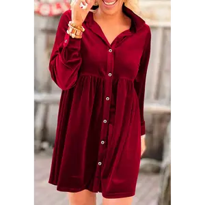 Fiery Red Long Sleeve Ruffle Velvet Button Up Dress