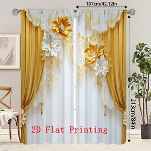 2 pieces of European and American style yellow floral digital printed curtains, made of semi transparent polyester material and designed with pole pockets - very suitable for living rooms, bedrooms, kitchens, coffee shops, single-layer curtains