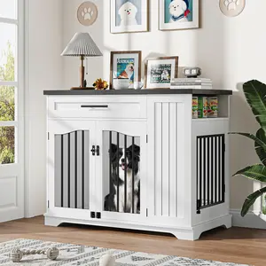 Heavy Duty Wooden Dog Crate Furniture with Large Storage Drawer & Side Storage - 44 Inch Indoor Kennel End Table for Large Dogs - Built-In Feeding Station