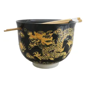 Black And Yellow Dragon King Ceramic Donburi Ramen Bowl With Chopsticks Set