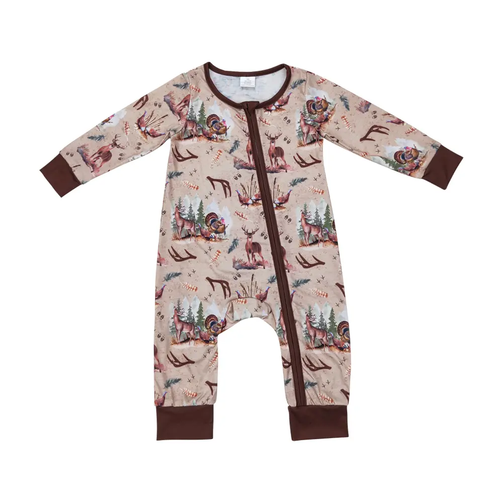 Fitted Deer Print Baby Romper, Long Sleeve Modal Pajamas for Infants and Toddlers with Snap Closures, 0/3M - 2T