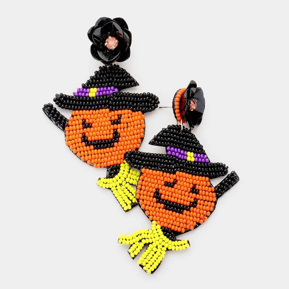 Flower Seed Bead Pumpkin Witch Earrings for Women