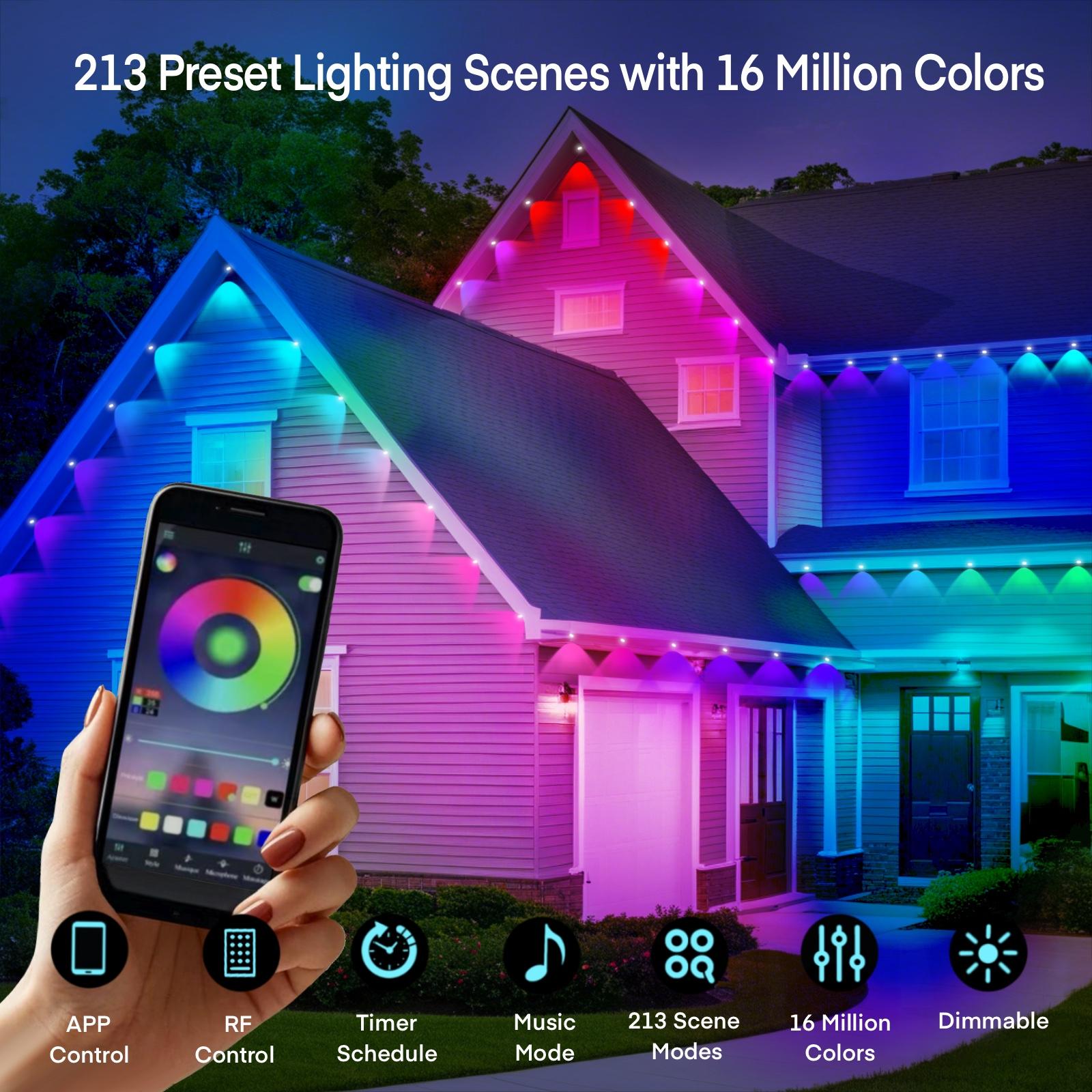 33ft/54ft Permanent Outdoor RGB LED Lights - IP67 Waterproof Exterior Lighting Fixtures with Smart App Control, Remote, DIY Scene Modes, Music Sync, USB Cable, Cells for Garden, Christmas Decor