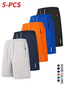 Men’s solid-color drawstring shorts, 5-pack, adjustable waistband, with pockets and a zipper, suitable for everyday summer wear