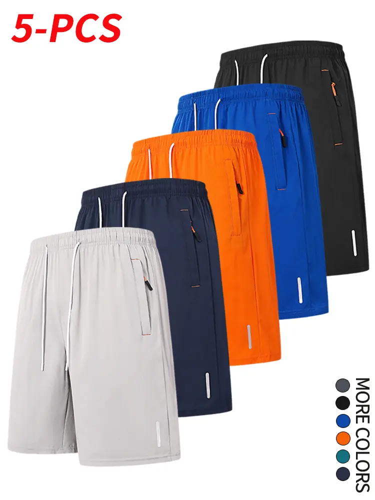 Men’s solid-color drawstring shorts, 5-pack, adjustable waistband, with pockets and a zipper, suitable for everyday summer wear