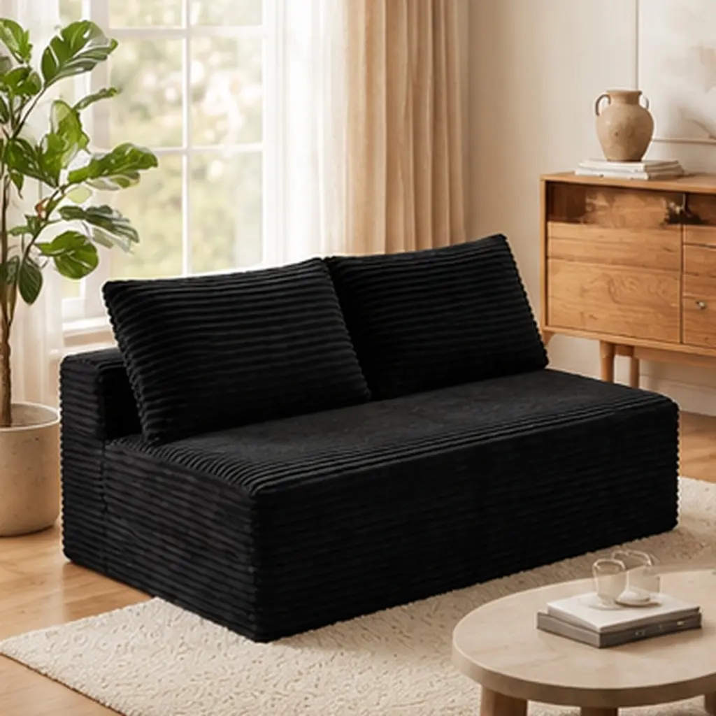 Black Corduroy Ground-Hugging Compressed Loveseat 2-Seater Sofa Armless No-Legs Low Profile Couch for Living Room Small Apartment Modern Minimalist Floor Sofa Plush Upholstered Easy Setup, Black Color Options, Corduroy Material