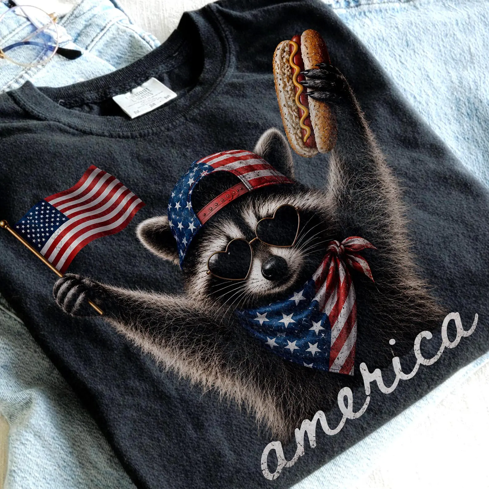 Feral & Free Patriotic Raccoon PNG, Funny USA Raccoon Clipart, America Animal Sublimation for Comfort Colors Shirts
