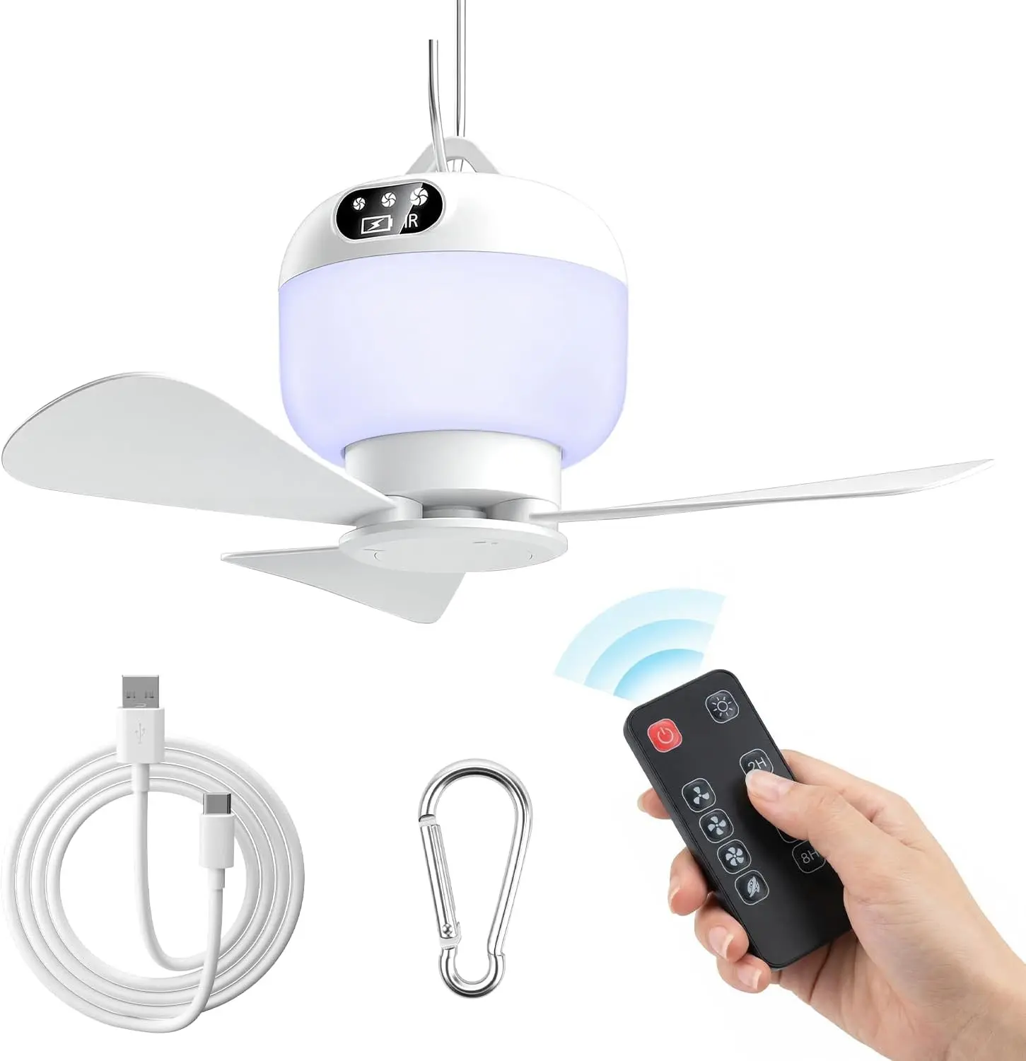 Portable Camping Fan with Light & Remote Wireless Rechargeable Tent Fan 4 Speeds 3 Light Modes Timer Battery Powered for Tents Canopy Beach RV Car Camper Outdoor
