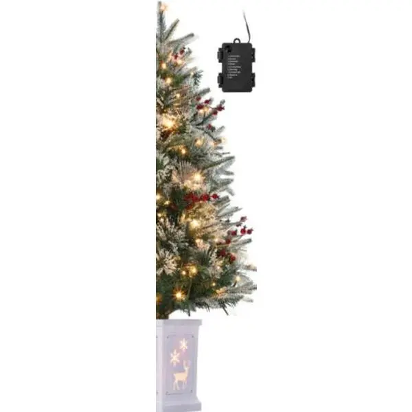 Basic 3ft Flocked Undecorated Miniature Christmas Tree - Plastic & Iron Construction, 78 Warm White LED Lights, 8-Mode Battery Box, Elk Light Box, Indoor Housewarming Holiday Home Festive Decoration Supply
