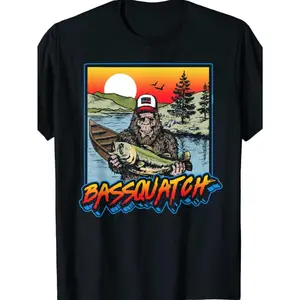 Bassquatch Graphic Print T-Shirt, 100% Cotton, Casual Crew Neck, Regular Fit, Geometric-Pattern Knit Fabric Top, with Slight Stretch, for Men, Summer Outdoor, Hiking, Fishing, Sports, Adult & Sizes