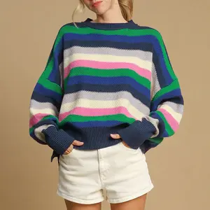 Women's Rainbow Striped Crew Neck Drop Shoulder Color Block Sweater Casual Loose Knit Pullover Tops TikTokShopBacktoSchool