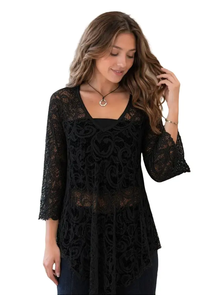Women's Elegant Flowy Floral Lace Knit Blouse - Casual Feminine V-Neck Tunic with 3/4 Bell Sleeves, Asymmetrical Boho Layerable Camisole Top for Everyday, Beach Wear (Womenswear)