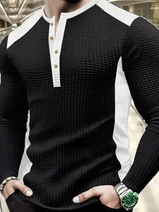 Men's Colorblock Long Sleeve Henley Shirt, Casual Fitted Breathable Top for Spring & Fall, Comfortable Daily Wear