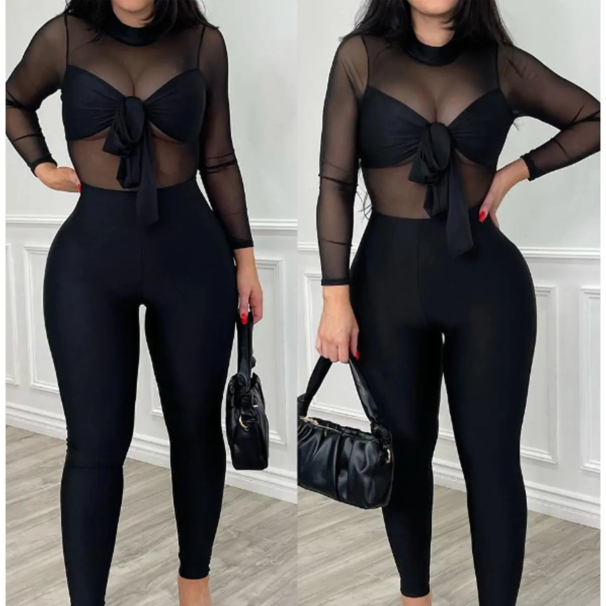 Sexy Sheer Mesh Long Sleeve Jumpsuit Bow Tie Front Bodycon One-Piece Club Outfit | Snatched Waist & Stretchy Baddie Style Romper