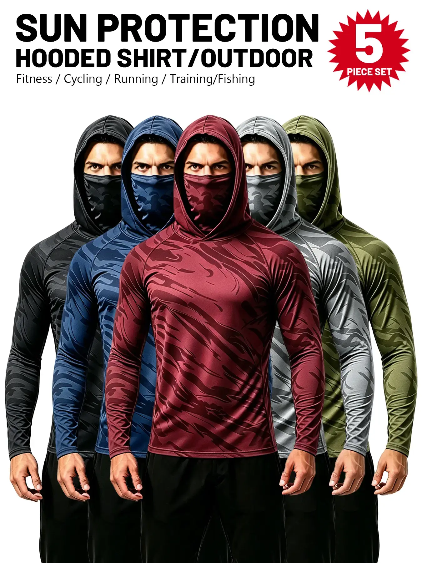6-piece set men's outdoor work sun protection clothing with sun-blocking hoodie, featuring built-in face mask and neck guard, breathable long-sleeve hoodie,back to school,back to school shopping