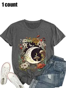Plus size loose women's nature world T-shirt, with edge printing design, suitable for all seasons, comfortable medium-thick fabric.