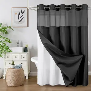 Beige No Hook Shower Curtain with Snap in Fabric Liner, Waffle Weave, 72 x 75 Inch, Heavy Duty Thick Shower Curtain with Mesh Top Window