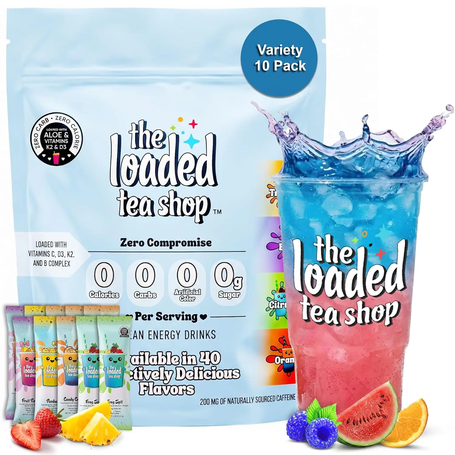 The Loaded Tea Shop Energy Drink Mix Sticks Variety Pack 10 Count, Sugar Free, Zero Calorie Powder Drink Mix, 200mg Natural Green Tea Caffeine, B Vitamins, No Artificial Colors or Flavors, Easy Mix Packets