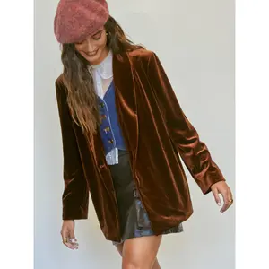 Velvet Collar Solid Blazer With Belt Dealsforyou